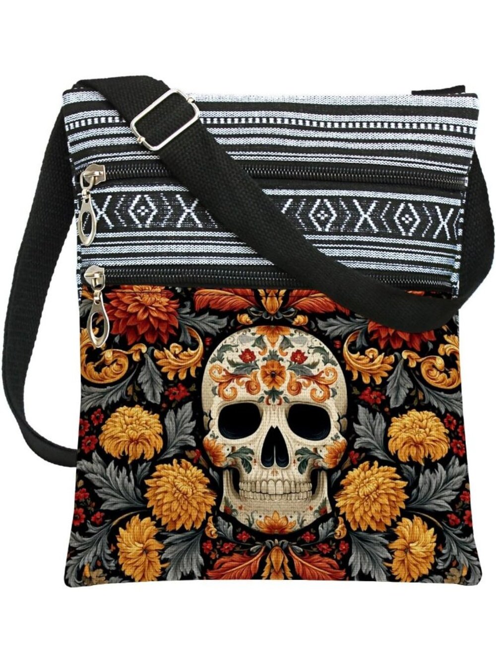 Women Black Yellow Halloween Pumpkin Bat Goth Skull Witch Crossbody Shoulder Bag